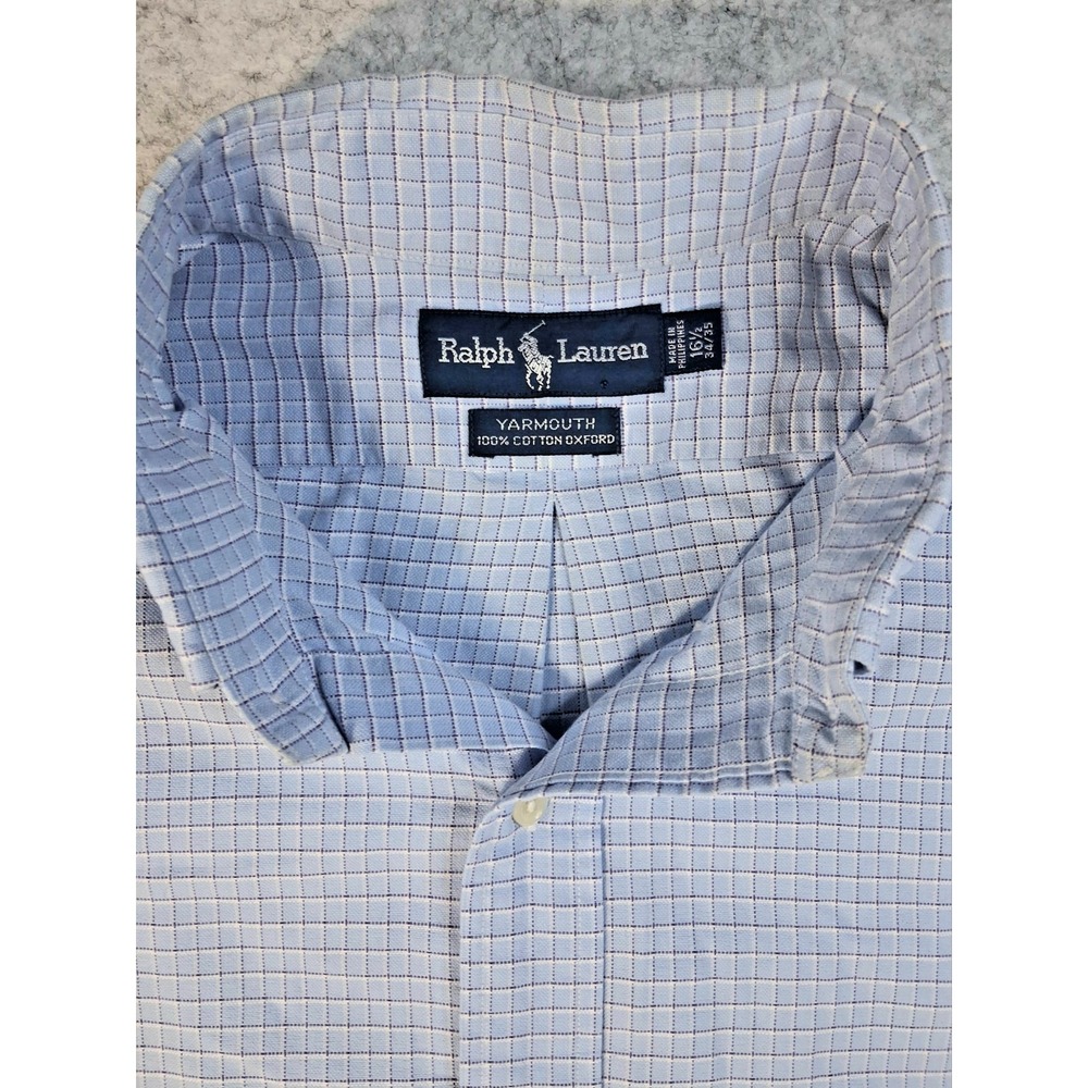 Ralph Lauren Yarmouth Mens Blue Check Oxford Button Down dress shirt 16.5 34/35